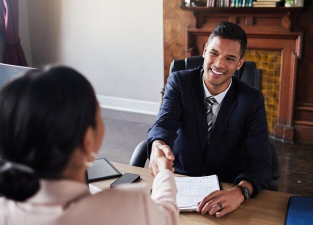 Lawyer talking to clients in an office